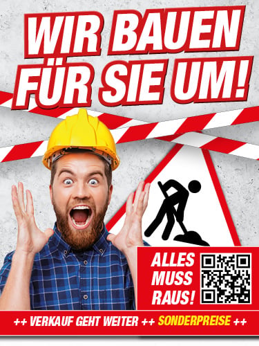 Ein Betonhintergrund mit Absperrband und Baustellenschild. Davor die Info zum Filialenumbau und ein schreiender Mann.
