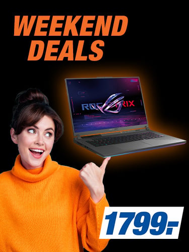 WEEKEND DEALS
VIELE TOP-ANGEBOTE. NUR FÜR KURZE ZEIT
z. B. ASUS Gaming-Notebook ROG Strix G18 (AMD Ryzen 9 8940HX, GeForce RTX 5060)