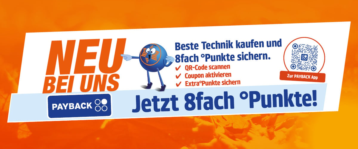Ein orangener Hintergrund mit Blättermuster. Oben ein weißes Banner mit den Details der Payback-Aktion, sowie Pointy, dem Maskottchen.