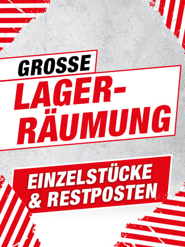 Großer Schriftzug Lagerräumung in schwarzer und roter Schrift. Darunter steht Einzelstücke und Restposten. Der Hintergrund ist grau.