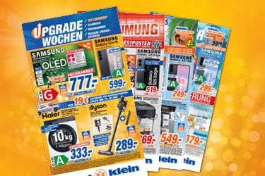 groß im Vordergrund verschiedene Werbeprospakte aufgewächert. Auf einem grauen udn weißen Hintergrund