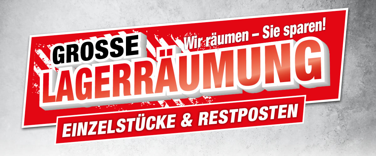 Großer Schriftzug Lagerräumung in schwarzer und roter Schrift. Darunter steht Einzelstücke und Restposten. Der Hintergrund ist grau.