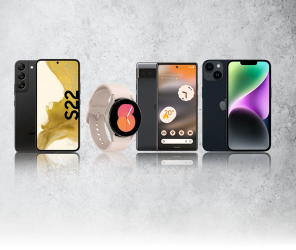 Es sind verschiedene mobile Endgeräte zu sehen. Darunter Smartphones und Smartwatches. Alles liegt vor einem grauen Hintergrund.