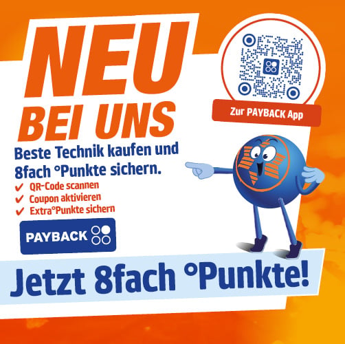 Ein orangener Hintergrund mit Blättermuster. Oben ein weißes Banner mit den Details der Payback-Aktion, sowie Pointy, dem Maskottchen.
