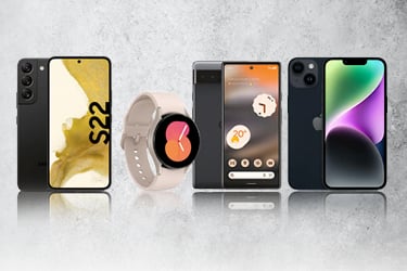 Es sind verschiedene mobile Endgeräte zu sehen. Darunter Smartphones und Smartwatches. Alles liegt vor einem grauen Hintergrund.