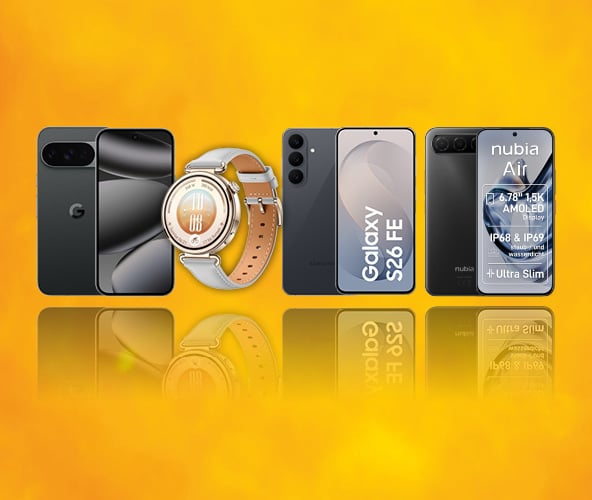 Es sind verschiedene mobile Endgeräte zu sehen. Darunter Smartphones und Smartwatches. Alles liegt vor einem grauen Hintergrund.