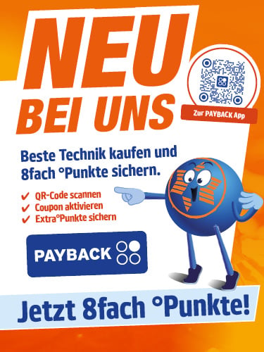 Ein orangener Hintergrund mit Blättermuster. Oben ein weißes Banner mit den Details der Payback-Aktion, sowie Pointy, dem Maskottchen.